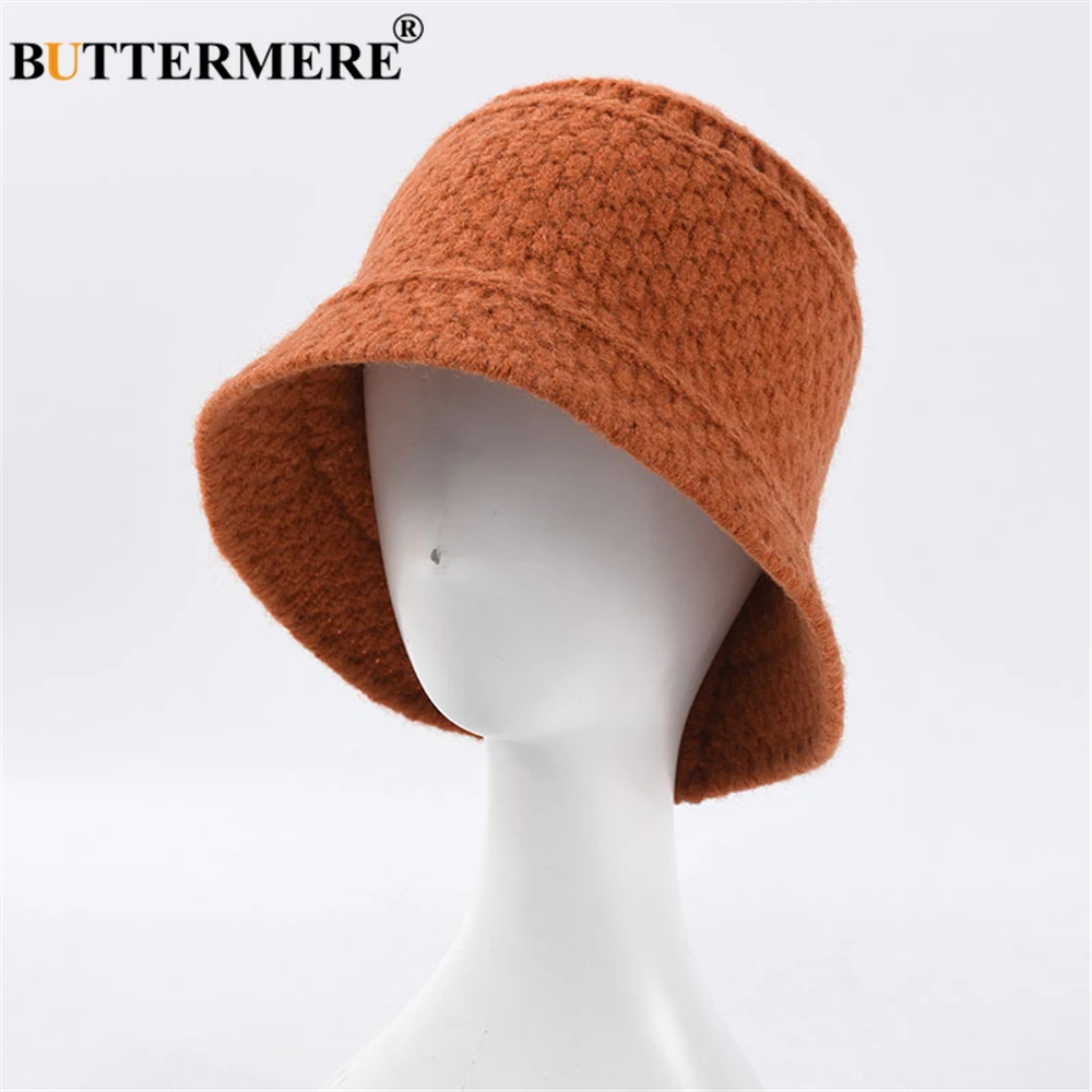 BUTTERMERE Knit Bucket Hat Womens Autumn Winter Women Hat Solid Harajuku Ladies Brown Brand Wide Brim Fisherman Cap
