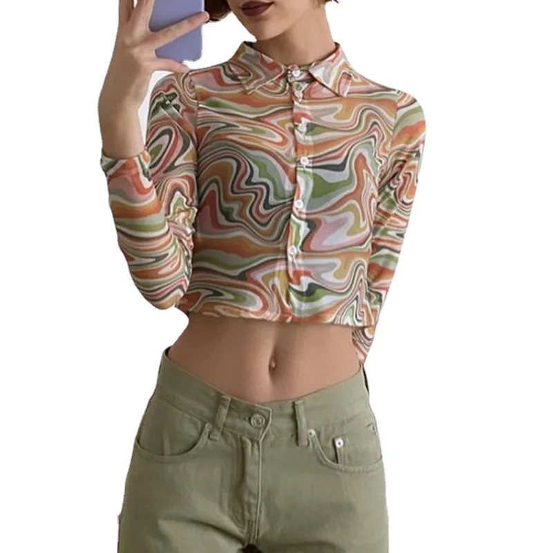 

Women's Sexy See-through Water Ripple Mesh Short Shirt Hip-hop Style Tight Top