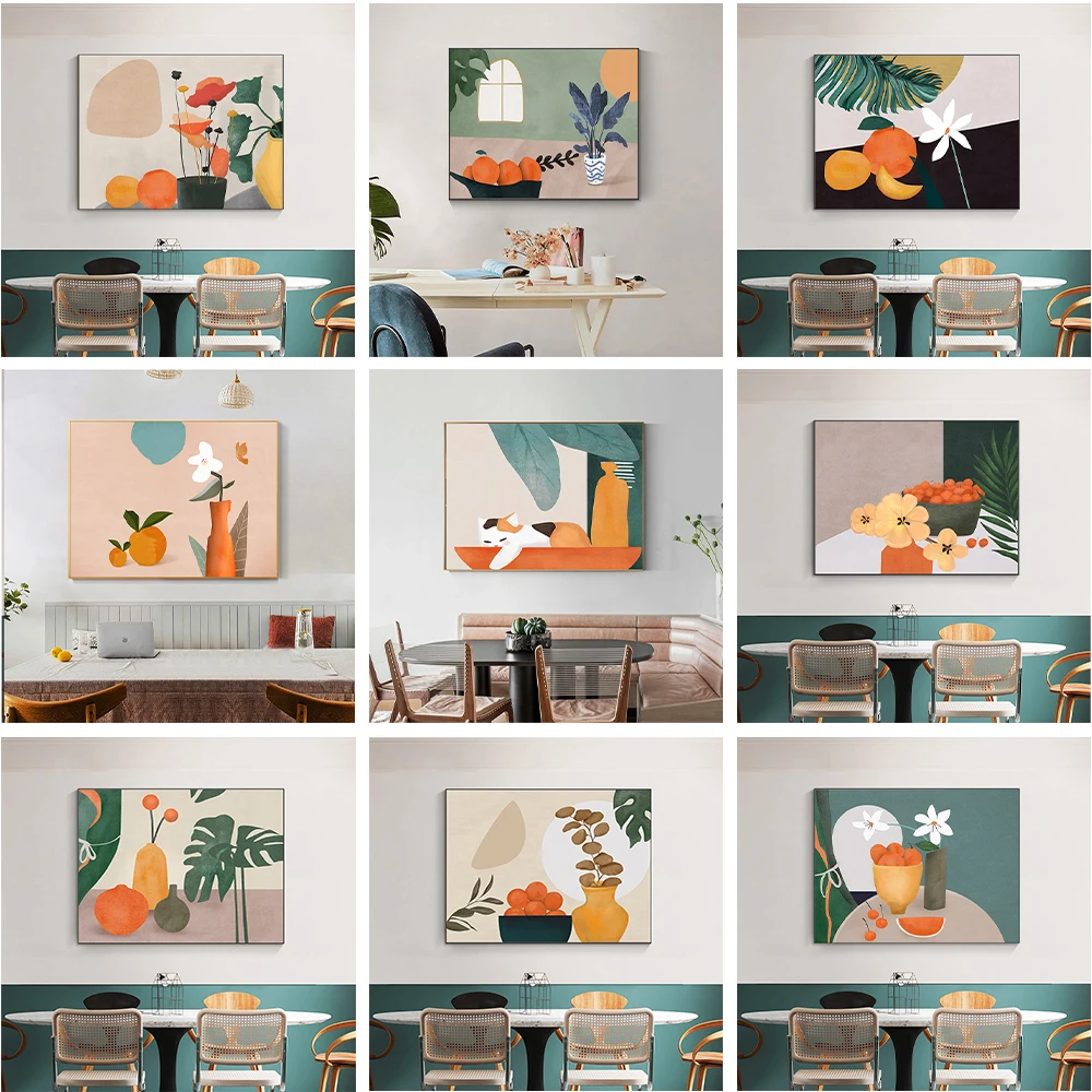 

Simple Nordic watercolor plant cat fruit restaurant porch living room mural poster print canvas decorative painting