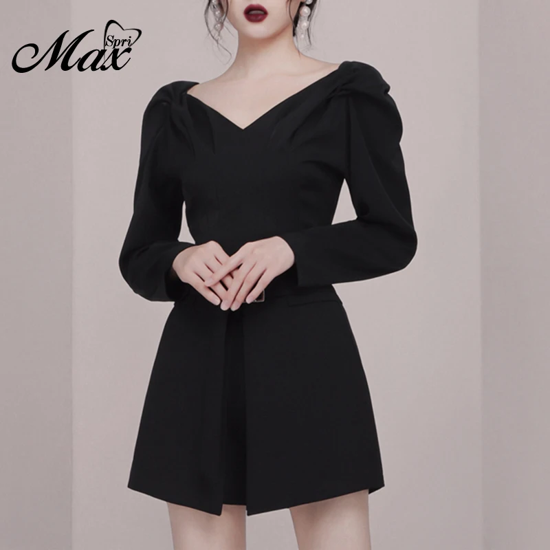 

Женский офисный костюм-двойка Max Spri, черный костюм с топом с V-образным вырезом, рюшами, пышными длинными рукавами и простыми шортами, 2019
