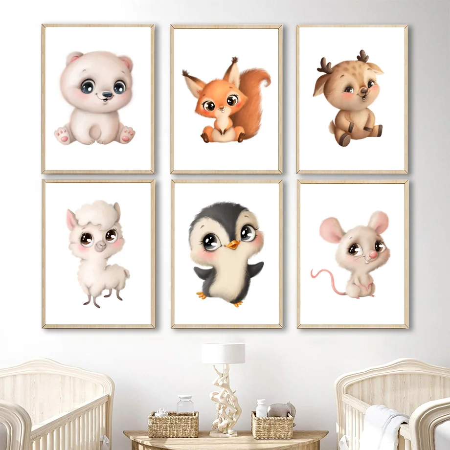 

Wall Art Print Canvas Painting Baby Animals Penguin Deer Squirrel Llama Bear Nursery Nordic Poster Wall Pictures Kids Room Decor