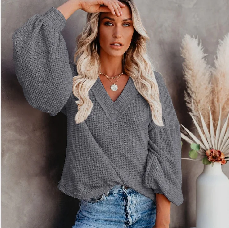 

2021 autumn/winter new European and American fashion women's loose V-neck sweater lantern sleeve top long sleeve shirt women
