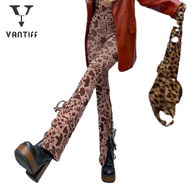 

2021 Summer New Leaf Print Retro Contrast Color Slim Split Strap Decorative Casual Pants Streetwear Women Joggers for Female