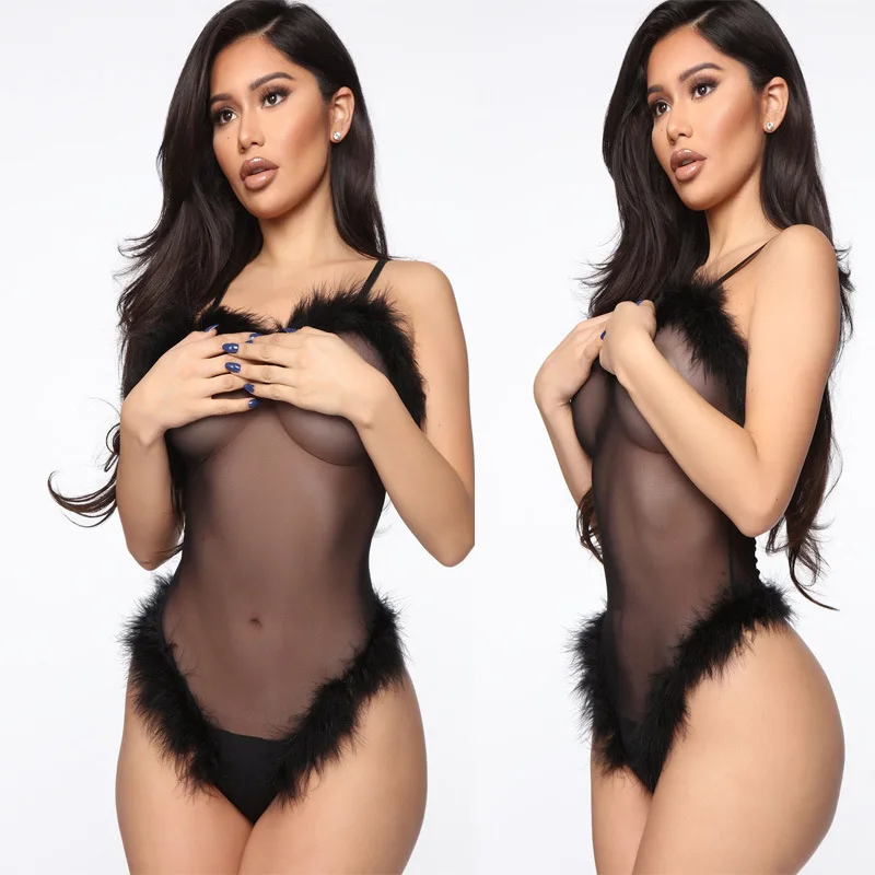 

INS Sexy Gentle Heart Fluff Feather Mesh Sexy Lingerie Jumpsuit Gay18