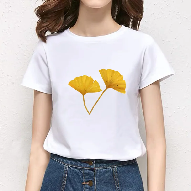 Женская футболка с принтом золотых листьев Повседневная круглым вырезом в