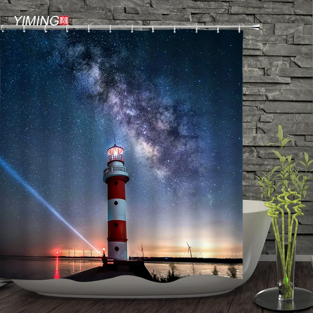 Красивая занавеска для душа с маяком Полиэстеровая Водонепроницаемая украшения