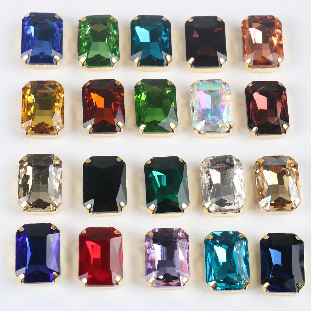 

10x14mm 13x18mm Rectangle Shapes Crystal Glass Rhinestones with Golden Claw Sew on Gemstones For Garment Clothing Accessories