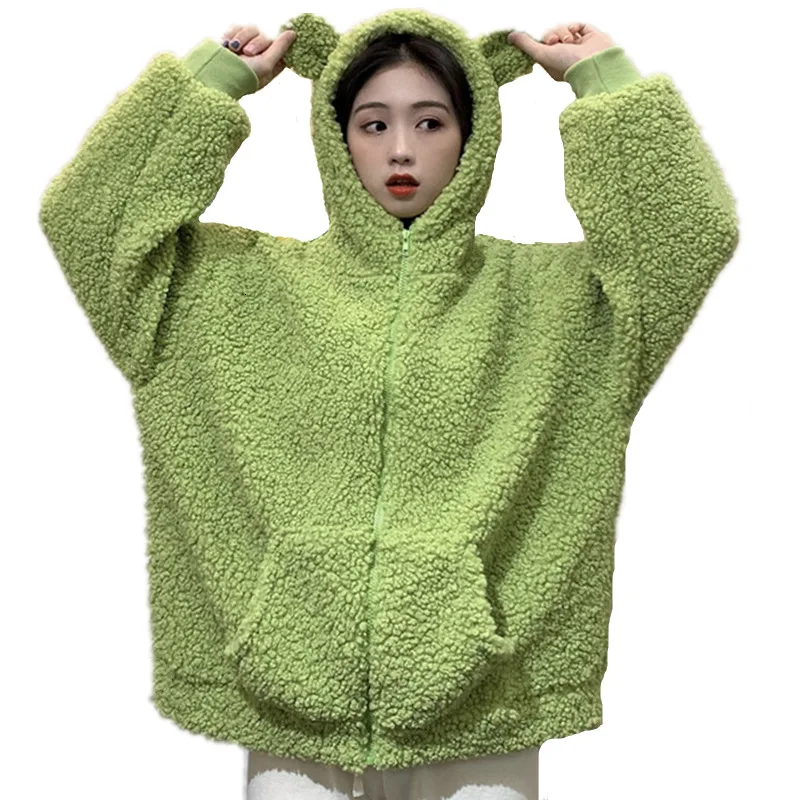 Autumn Winter Women Avocado Color Zip-up Sweatshirt Kawaii Fleece Faux Fur Long Sleeve Hooded Teddy Bear Ears Soft Hoodies