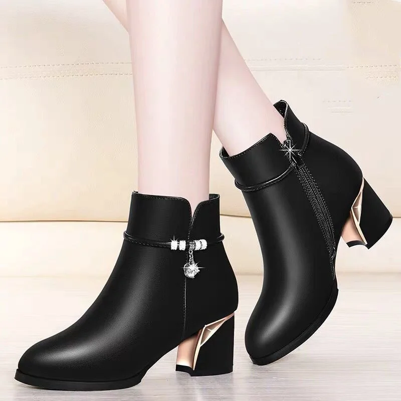 

2022 New Autumn and Winter Women's Boots Solid Color PU Fashion Round Toe Nude Boots Square Heel Short Boots Zipper Casual Boots