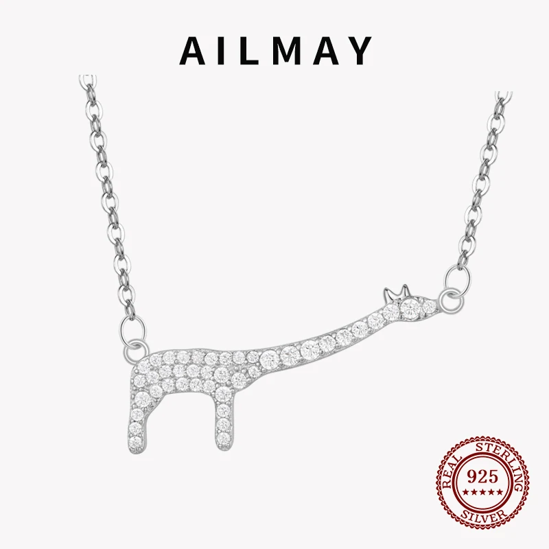Ailmay 925 Sterling Silver Cute Giraffe Animal Cubic Zirconia Pendant Necklaces For Women Girls Fashion Jewelry Birthday Gift