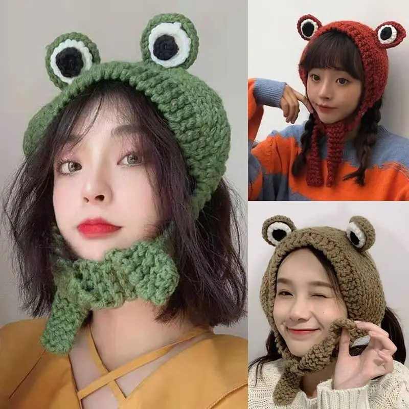 Женская мужская Зимняя Вязаная Шапка-бини с плетеными глазами лягушки