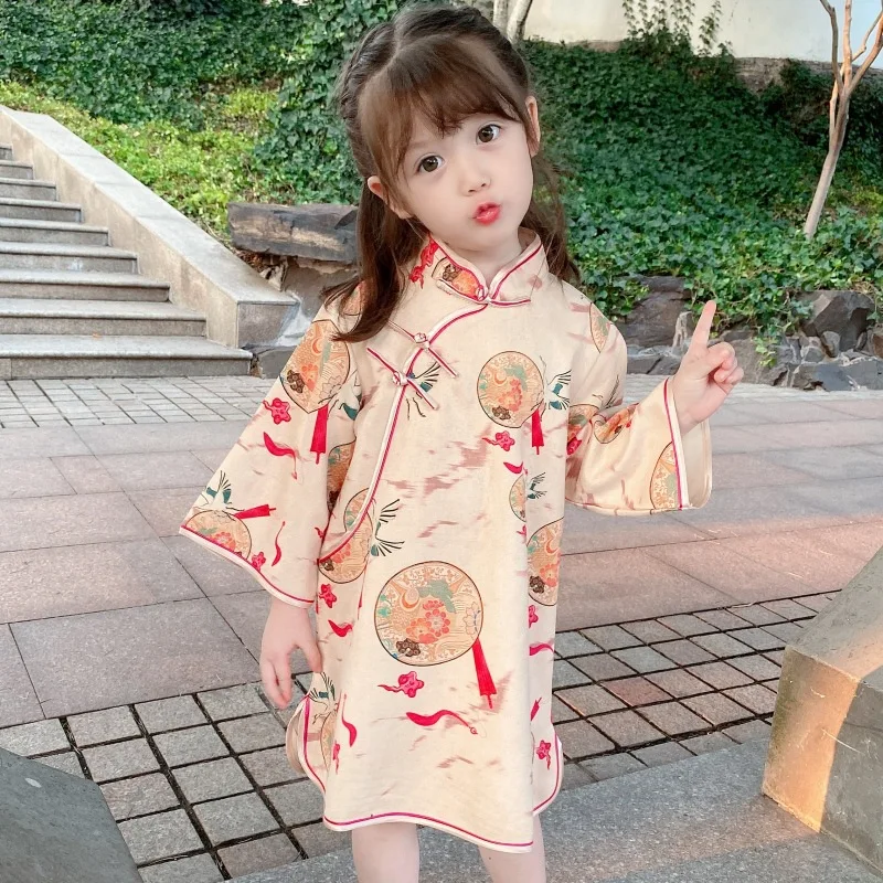 

Chinese Traditional Dress Cheongsam For Girls Printed Hanfu Spring Autumn Pink Apricot