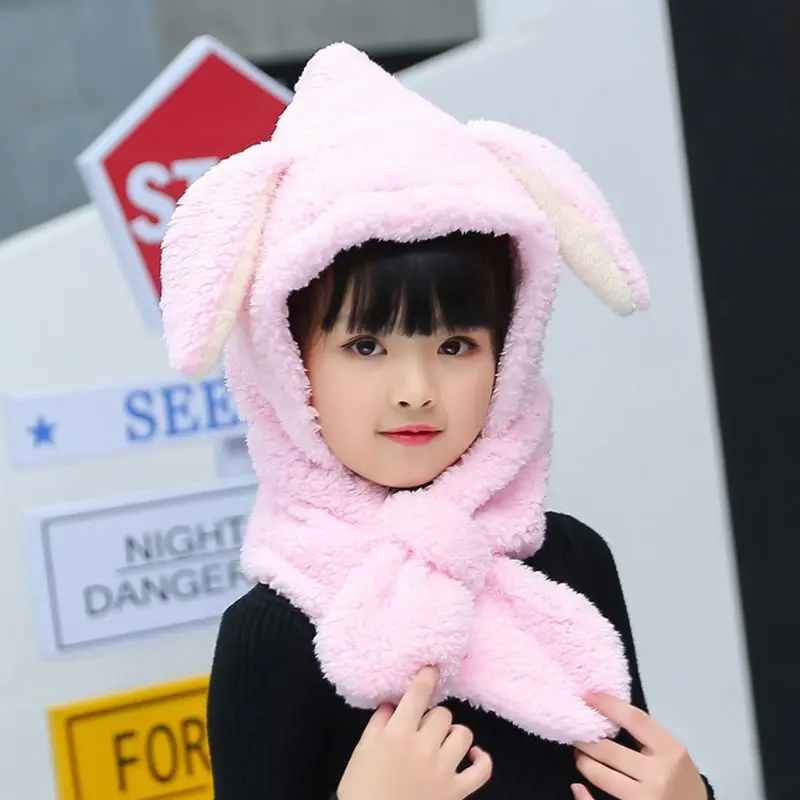 

Toddler Baby Winter Thicken Fluffy Plush Warm Hat Hooded Scarf Cute Bunny Ears Earflap Beanie Cap Cross Wrap Neck Warmer
