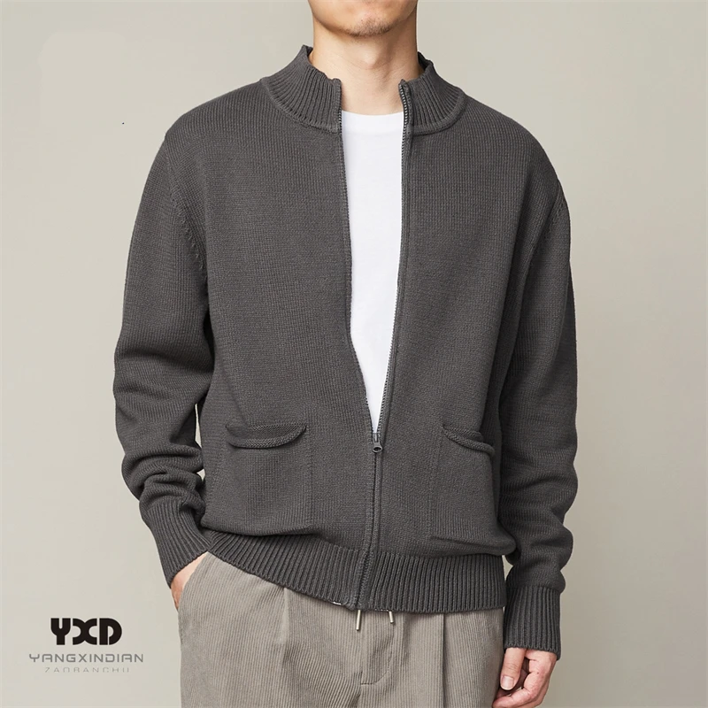 

Spring Autumn Sweater Jacket For Men Pockets Knitted Sweatercoat Mens Casual Solid Cardigan Male Daily Grey Sweater With Zipper