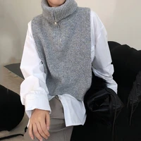 turtleneck sweater autumn winter new gray elegant fashionable high collar warm all match short mixed color zipper pullover vest
