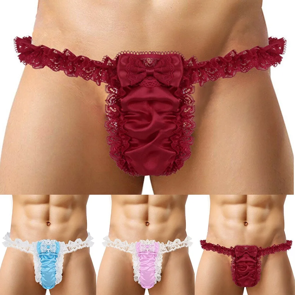 

Men Sissy Lace See-through Panties Mini T-back Underpants Sexy Satin G-String Brief Bulge Pouch G String Jockstrap Underwear NEW