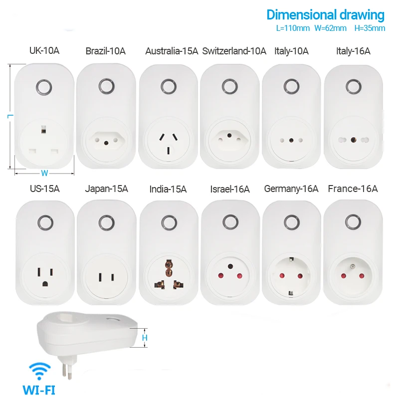 Умная розетка Tuya WIFI Smart Plug EU UK Swit AU BR FR JP Israel Ita ZA 10A~16A Пульт дистанционного