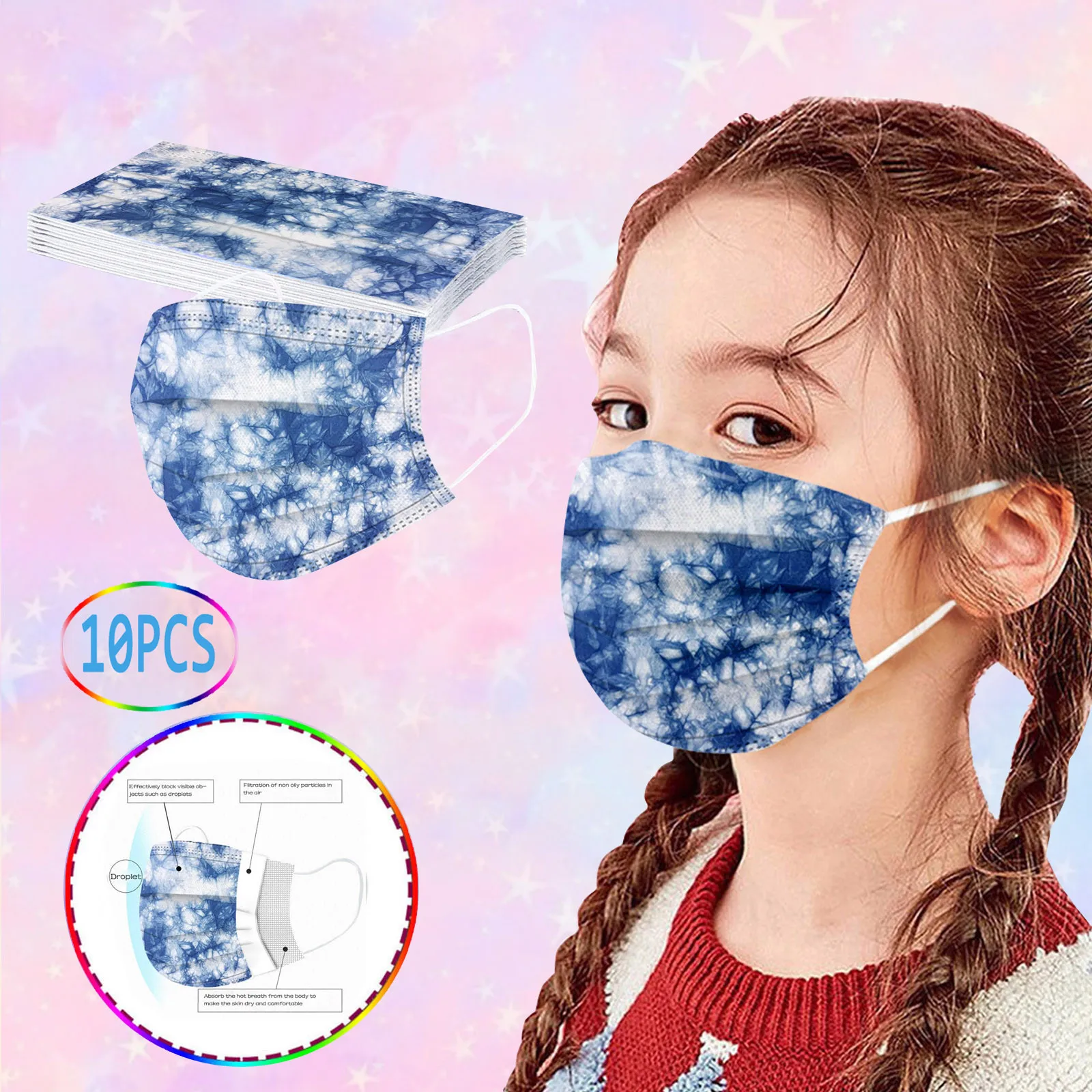 

10pc Pcs Children Disposable Face Mask Tie-dye Mouth Mask Printed Disposable Masks Mascarillas Elasticity Desechable Mujer d5