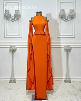 orange o neck evening dresses elegant long sleeve formal dress mermaid beaded pleats party gowns robes de soir%c3%a9e