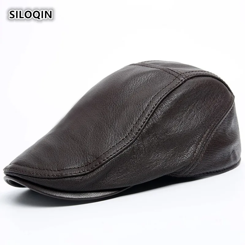 

SILOQIN Trend Genuine Leather Hat Men's Autumn Winter Fashion Berets Adjustable Size High Quality Sheepskin Keep Warm Tongue Cap