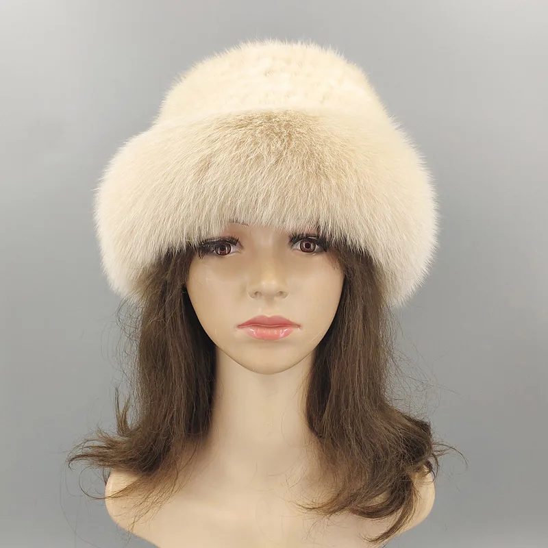 Вязаная шапка s Зимняя с большим краем для женщин и девушек Skullies Beanies шапка плотная Удобная меховая шапка из натуральной норки сохраняющая тепло русская лиса шапки - Цвет: Цвет: желтый