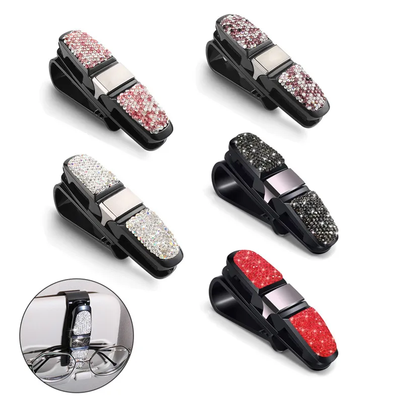 

Auto Sun Visor Glasses Holder Rhinestone Bracket Sunglasses Clip Card Ticket Holder Pen Case Clip Box Universal Accessories