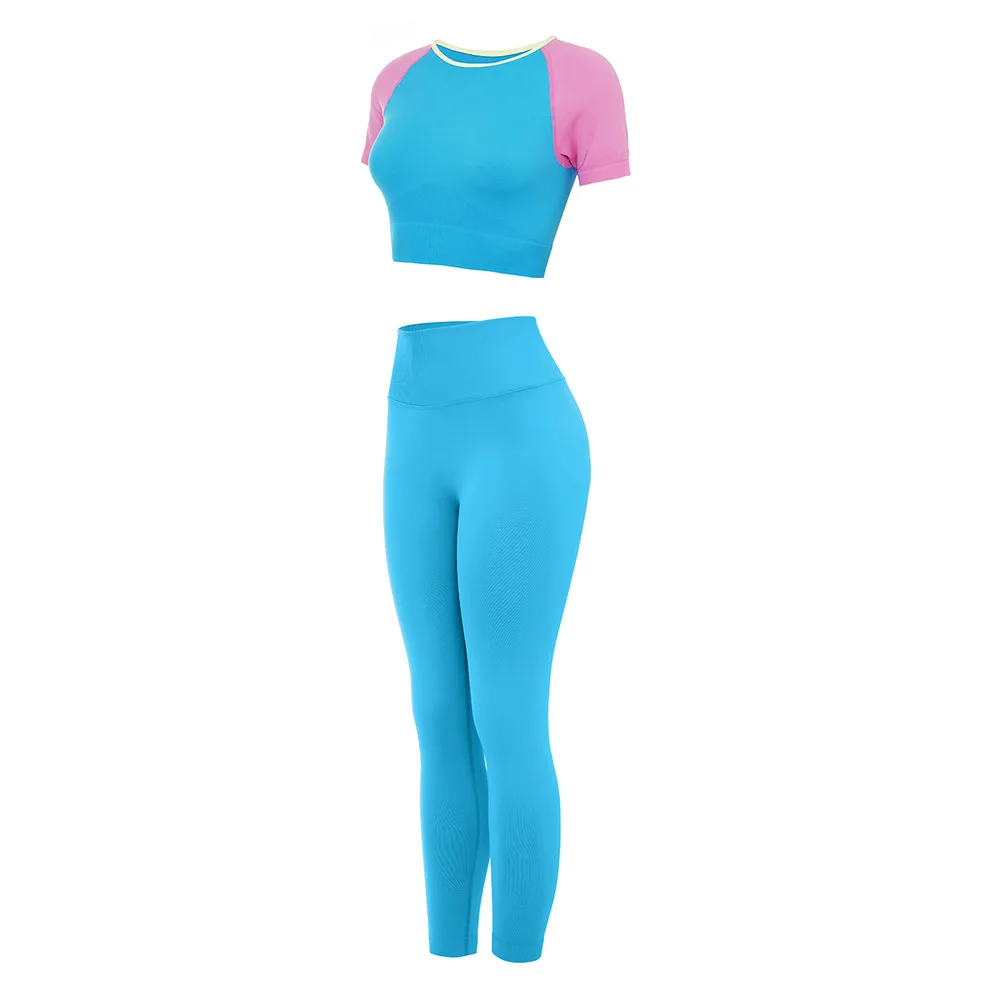 

Mandylandy Sports Athletic Yoga Set Macaron Color Fitness Yoga Wear Tight Crop Top Sports Suits Casual 2 Piece Workout Clothes