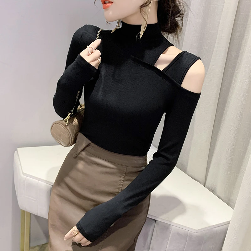 

Full Sleeve Turtleneck T-shirts Girls Sexy Hollow Out Tshirt Tops Woman 2021 Autumn Off-Shoulder Clothing FF8905