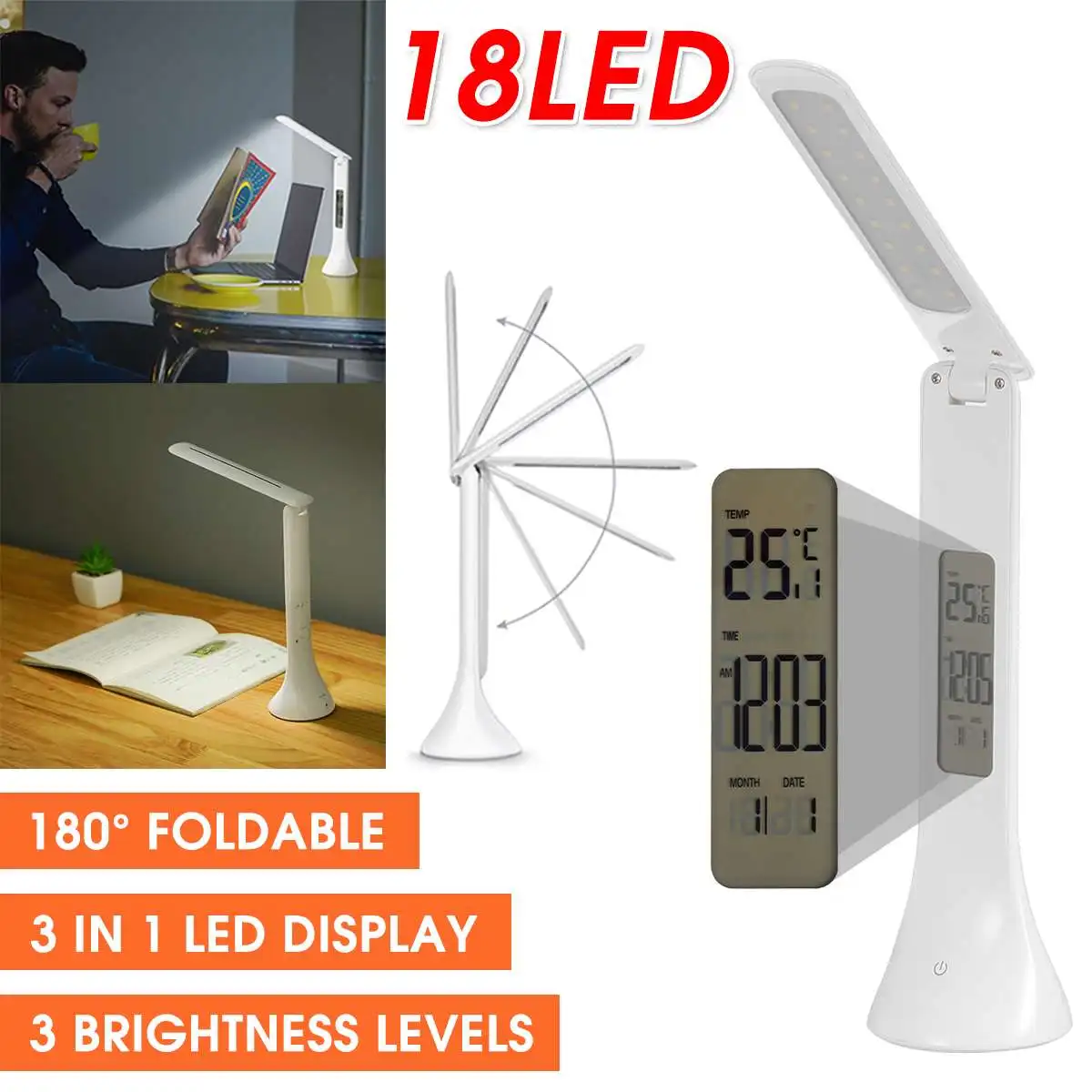 

LED Calendar Desk Light Touch Clock Foldable Dimmable Reading Bedside Lamp Light 3 Modes Brightness USB Eye Protect Table Lamp