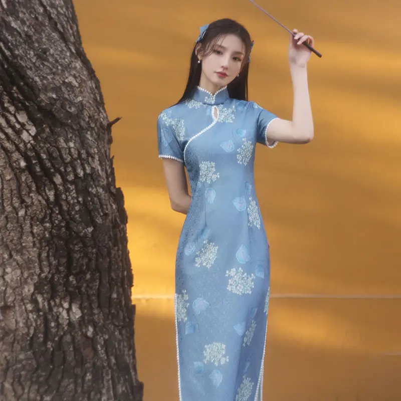 

Blue Cheongsam Dress Modern Chinese Traditional Retro Elegant 2021 New Style Oriental Summer Wedding Party Women Dresses