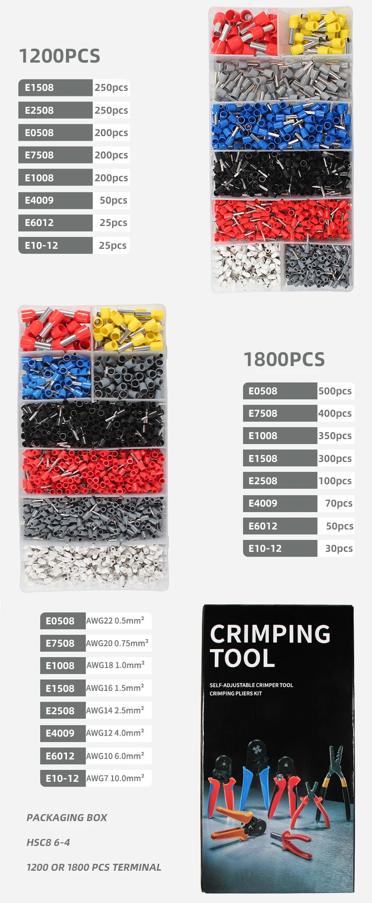 hsc8 6-4a mini nose crimping pliers wire stripper crimper tool cable crimper stripper+1800pcs ferrule terminal set