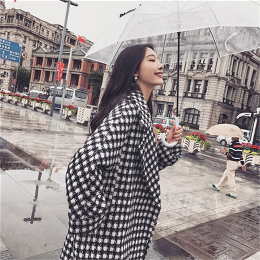 

Thicken Warm Winter Coat Plus Size Winter Jacket casaco feminino Women Blend Coat Black White Retro Plaid Long Wool Coat