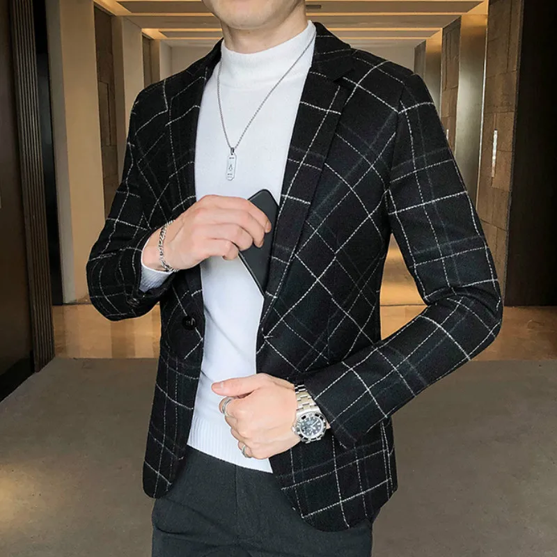 

Мужские блейзеры 2020, приталенный клетчатый пиджак в Корейском стиле, повседневный Свадебный деловой Блейзер, мужская уличная куртка