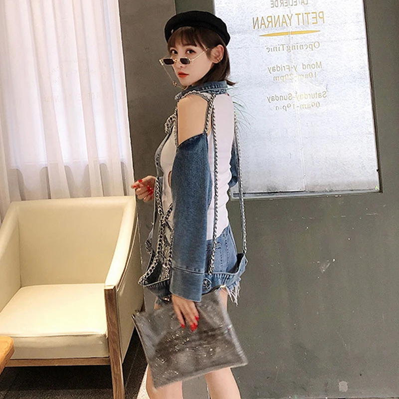 Женская джинсовая куртка с цепочкой весна-лето 2020 рваные джинсовые пальто