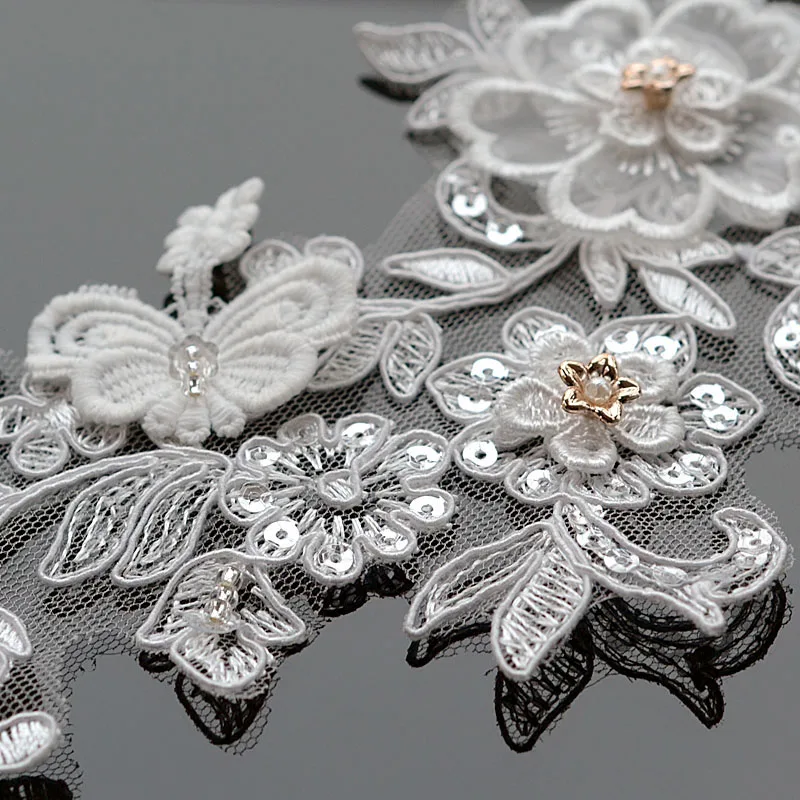 2/4pcs Beaded Lace Appliques Flower Rhinestones Sequins Trims Fabric Wedding Dress Bridal Headdress DIY Sewing Crafts|Кружево| |