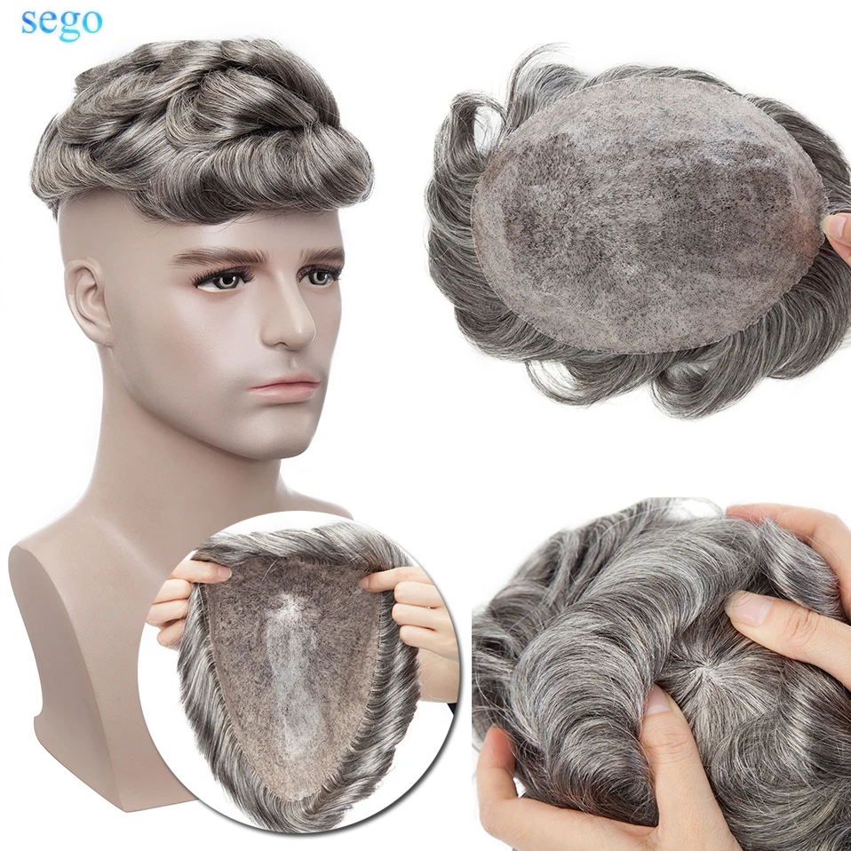 SEGO 8''x10'' Thin PU Skin Hair Men's Wig Toupee V Loop 0.24mm Remy Human Patch Indian Hair System Replacement 130% Hairpiece