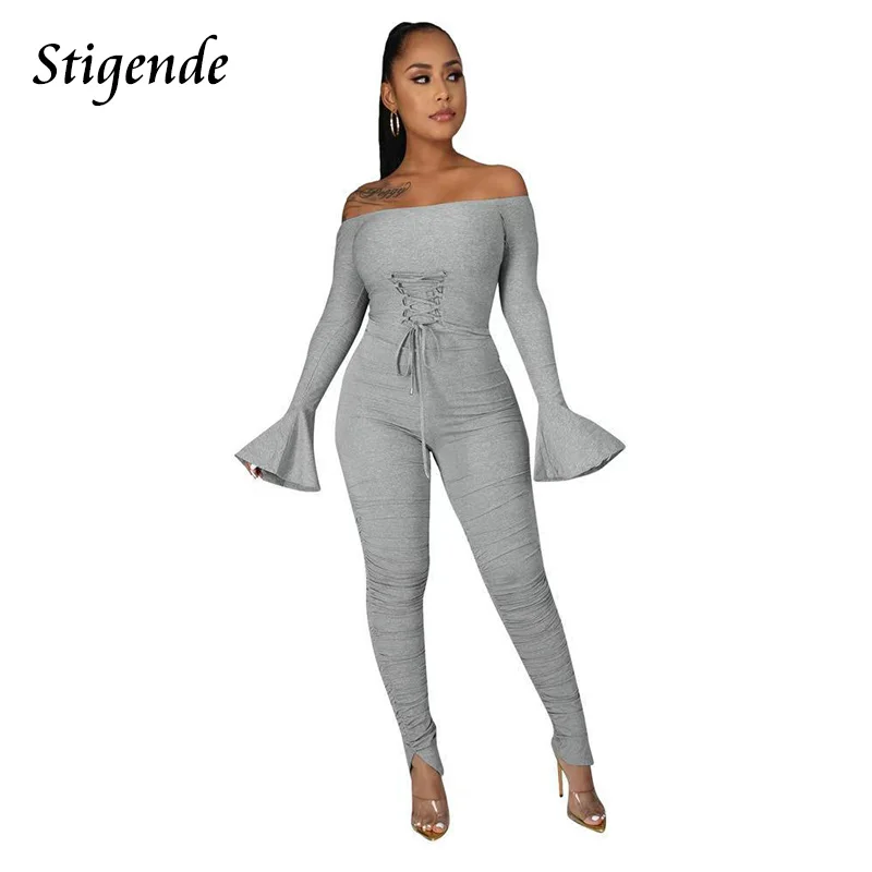 

Stigende Off Shoulder Flare Sleeve Ruched Jumpsuit Women Slash Neck Bandage Overall Elegant Solid Color Stacked Pencil Pants