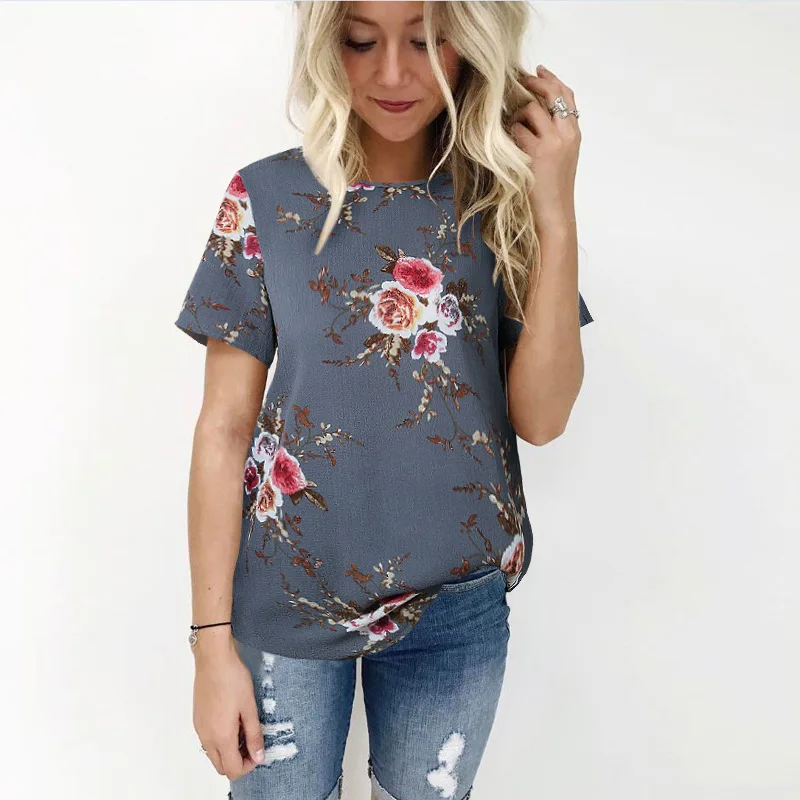 

HStar Casual Short Sleeve O-Neck Women Tops Shirts 2020 Summer Floral Print Loose Tops Tees Dark Blue White Shirt
