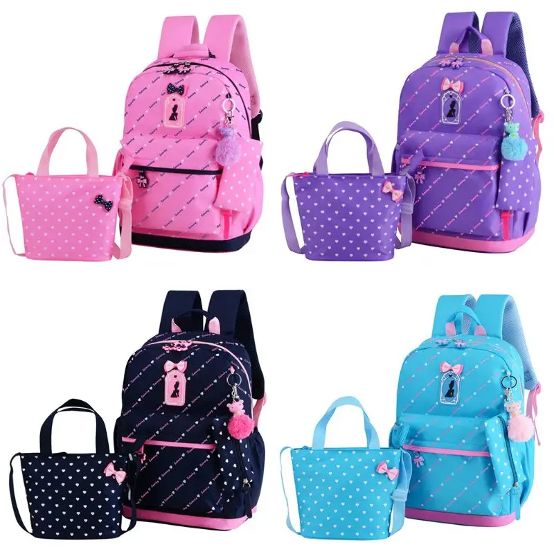 

3Pcs Heart Printing Backpack Set Bowknot Primary Schoolbag Travel Daypack Shoulder Bag Pencil Case Teenagers Girls Fashion Bags