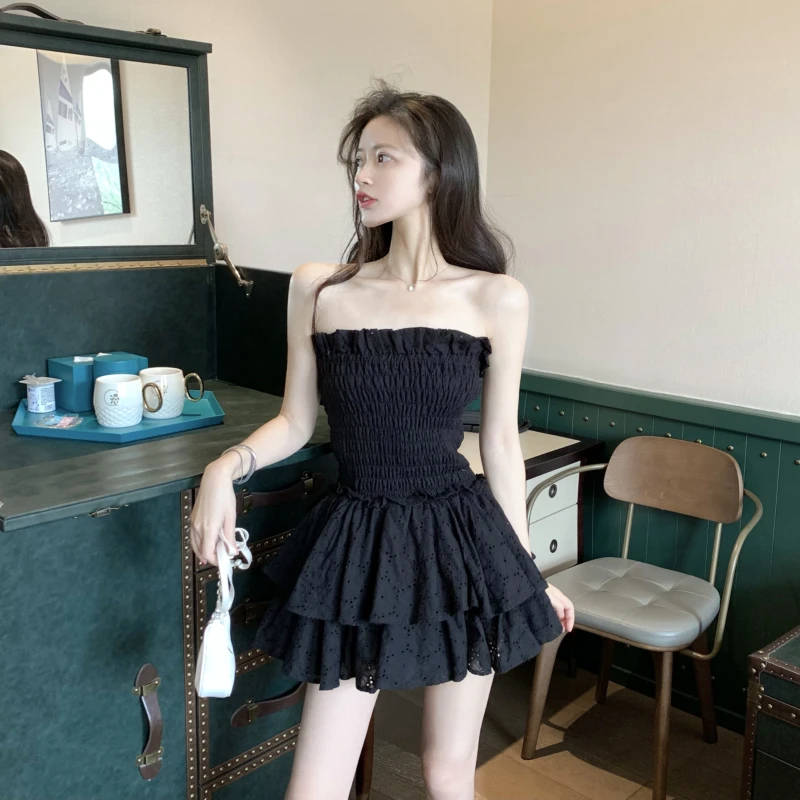 

Bodycon Dress Folds Strapless Slash Neck Solid Summer Sleeveless Vestido De Mujer Dresses for Women Aesthetic Clothes Korean