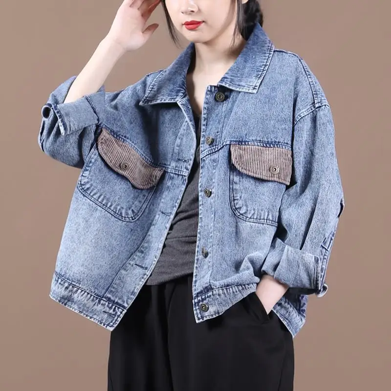 

Women Casual Denim Jackets Pocket Stitching New 2021 Autumn Korean Vintage Style Coat Turn-Down Collar Loose Female Outerwear