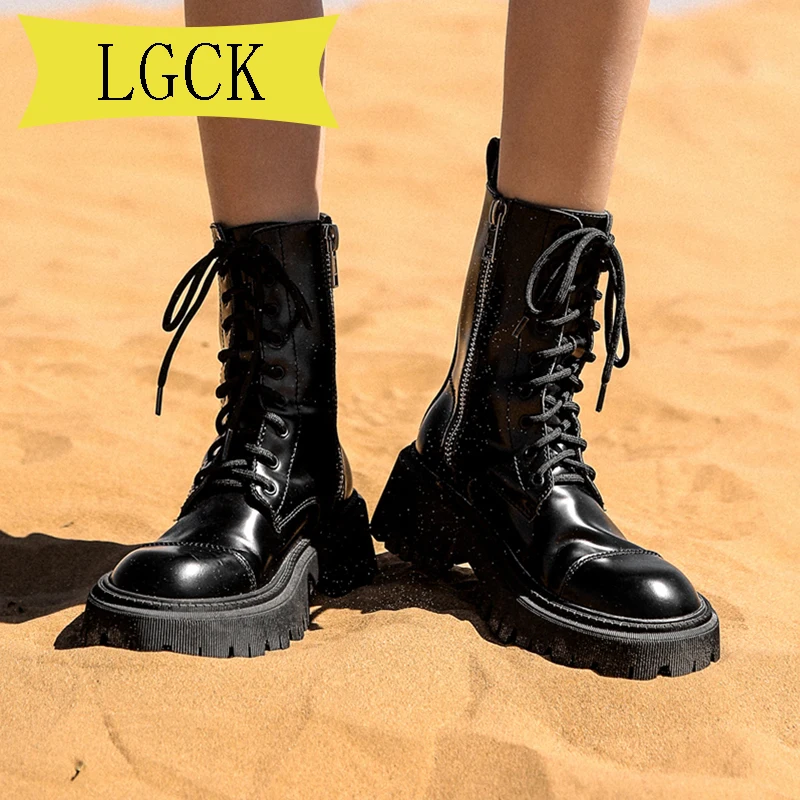 

Plus Size 34-39 Fashion Cow Leather Ankle Boots Women Autumn Winter Round Toe Lace Up Shoes Woman Fashion Motorcycle Platform