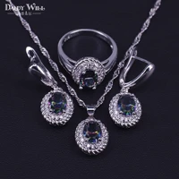 4 colors earrings ring necklace set silver color rainbow cubic zircon white crystal jewelry set