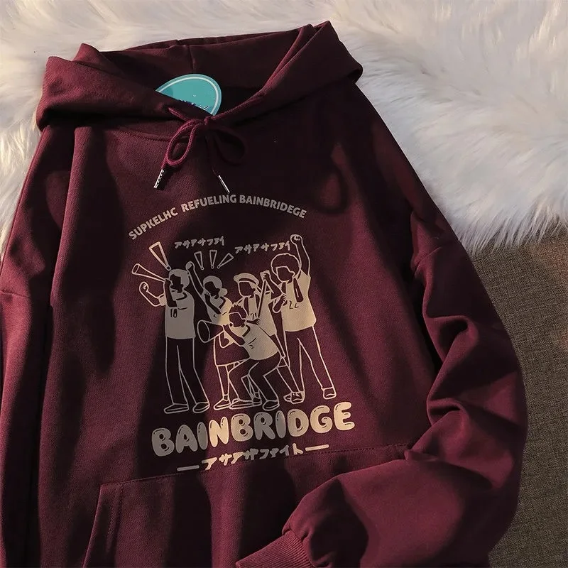 

Female harajuku sweater autumn hooded loose top Women's sweatshirt pullover Cartoon character cheer print vintage Kawaii clothes