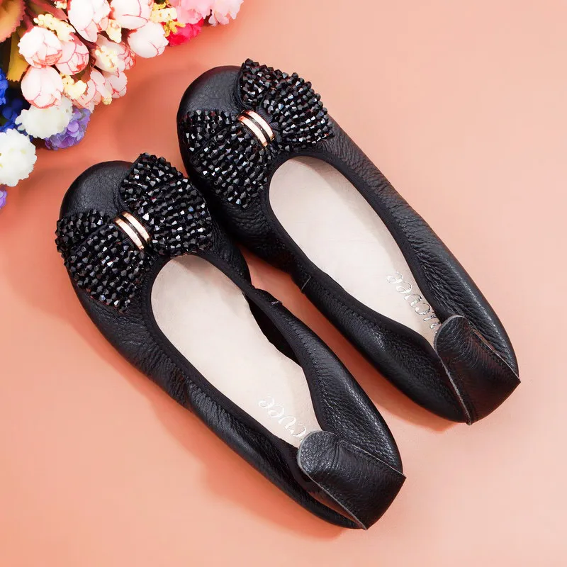 Fashion String Bead Women Shoes Slip On Flats Sweet Bow Autumn Female Cow Leather 2021 New Spring Ballet