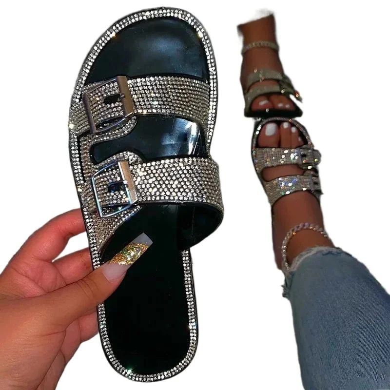 

Summer Luxury Women Slippers Rhinestone Flat Double Buckle Decoration Open Toe Lightcolor Fashion Sexy Ladies Shoes Female 2020