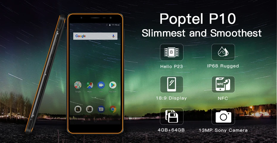 Европейская версия Poptel P10 прочный смартфон 5,5 дюймов Восьмиядерный android 8,1 4 Гб+ 64 Гб NFC разблокированные телефоны Экономичные телефонные предложения