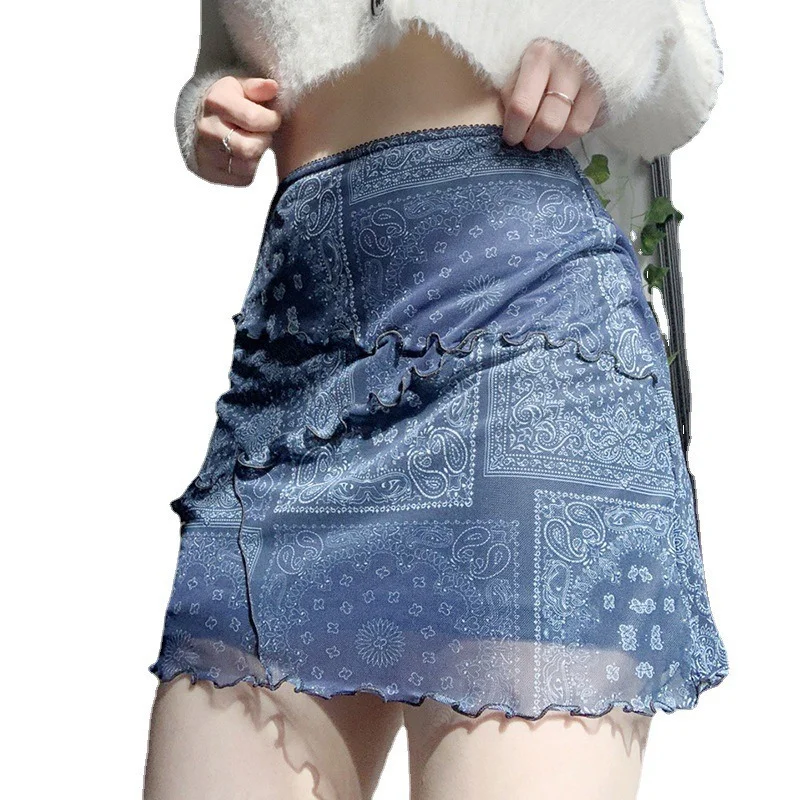 

High Waist Mesh Ruffled Sexy Wrap Skirt Women Summer Pink Fashion Holiday Irregular Print Gothic Elastic Waist A-line Mini Skirt