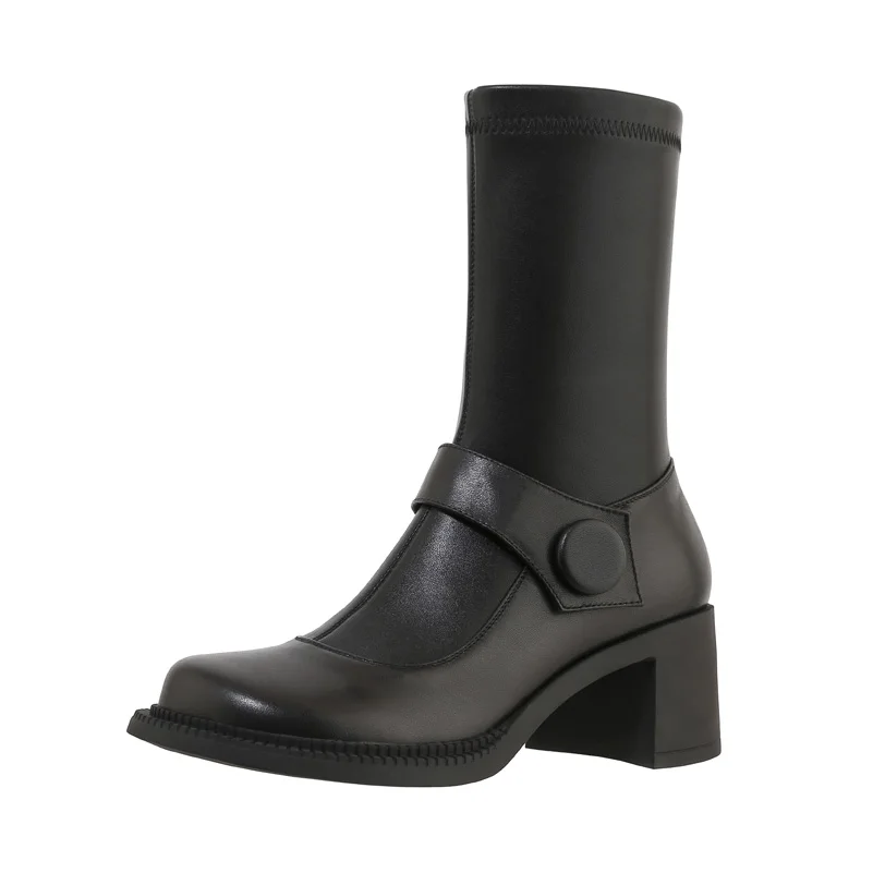 

FOREADA Real Leather Boots Woman High Heel Mid Calf Boots Zip Thick Heel Shoes Button Short Boots Female Autumn Winter Beige 39