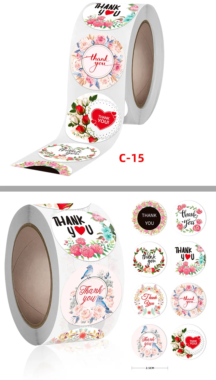 

25mm 500Pcs/roll Round Flowers Thank You Sticker Wedding Birthday Party Gift Decoration Self Adhesive Thank You Label